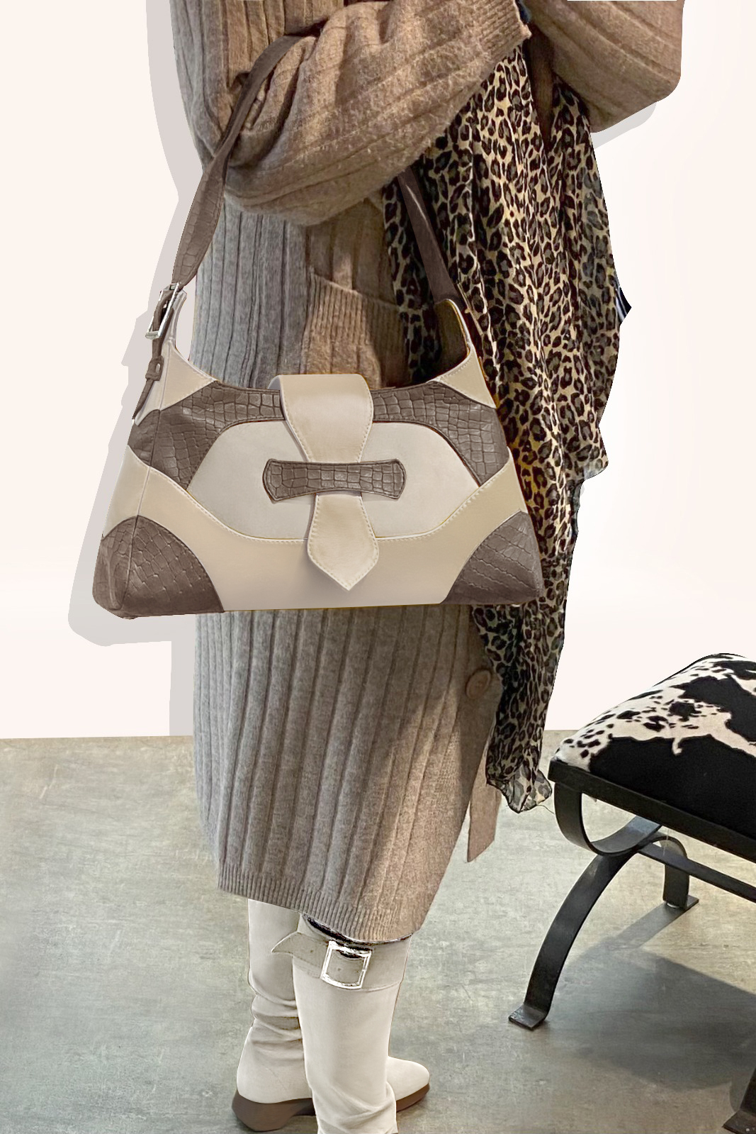 Taupe brown and off white women's dress handbag, matching pumps and belts. Worn view - Florence KOOIJMAN